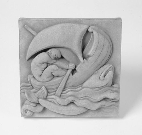 Concrete wall hanging plaque of man rowing boat in storm